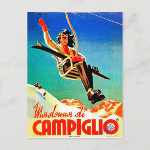 Madonna di Campiglio, woman on ski lift, vintage Postcard