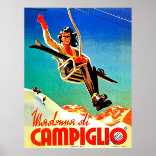 Madonna di Campiglio, woman on ski lift, vintage Poster