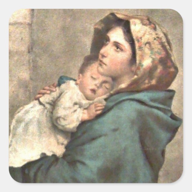 Madonna in Scarf Holds Baby Jesus Square Sticker (Front)