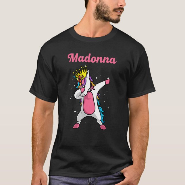 Madonna Name Personalized Birthday Dabbing Unicorn T-Shirt (Front)