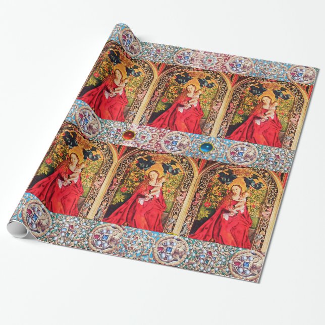 MADONNA OF ROSE BOWER RED BLUE GEMSTONES,PEARLS WRAPPING PAPER (Unrolled)