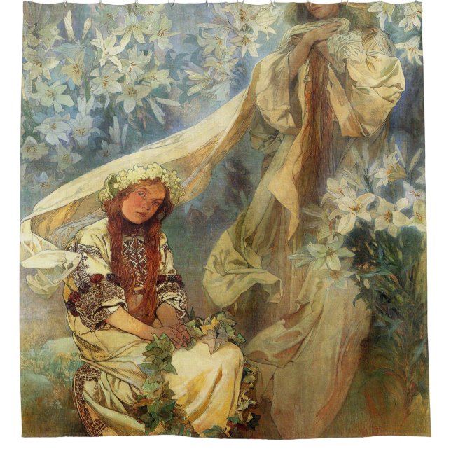Madonna Of The Lilies 1905 - Alphonse Mucha Shower Curtain (Front)