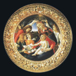 Madonna of the Magnificat Classic Round Sticker<br><div class="desc">Madonna of the Pomegranate is a painting by the Italian Renaissance master Sandro Botticelli, 1487 FLorence Italy .tempera on panel.This work portrays the Virgin Mary crowned by two angels. The Child Jesus is keeping in a hand the pomegranate,  symbol of the Resurrection.</div>