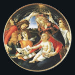 Madonna of the Magnificat Classic Round Sticker<br><div class="desc">Madonna of the Pomegranate is a painting by the Italian Renaissance master Sandro Botticelli, 1487 FLorence Italy .tempera on panel.This work portrays the Virgin Mary crowned by two angels. The Child Jesus is keeping in a hand the pomegranate,  symbol of the Resurrection.</div>