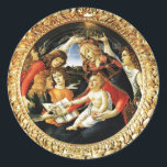 Madonna of the Magnificat Classic Round Sticker<br><div class="desc">Madonna of the Pomegranate is a painting by the Italian Renaissance master Sandro Botticelli, 1487 FLorence Italy .tempera on panel.This work portrays the Virgin Mary crowned by two angels. The Child Jesus is keeping in a hand the pomegranate,  symbol of the Resurrection.</div>