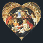 Madonna of the Magnificat Heart Heart Sticker<br><div class="desc">Madonna of the Pomegranate is a painting by the Italian Renaissance master Sandro Botticelli, 1487 FLorence Italy .tempera on panel.This work portrays the Virgin Mary crowned by two angels. The Child Jesus is keeping in a hand the pomegranate,  symbol of the Resurrection.</div>