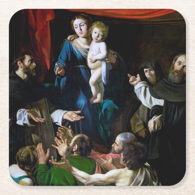 Madonna of the Rosary, Caravaggio Square Paper Coaster (Front)