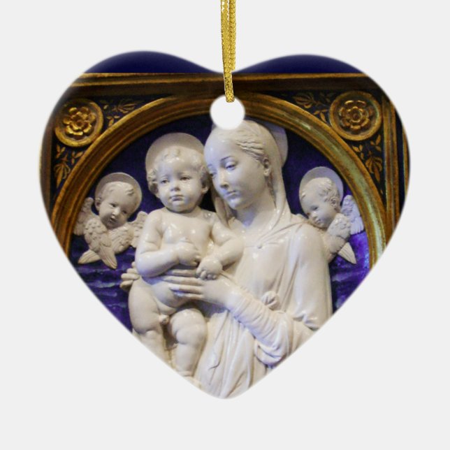 MADONNA WITH CHILD AND ANGELS Blue Sapphire Heart Ceramic Tree Decoration (Front)