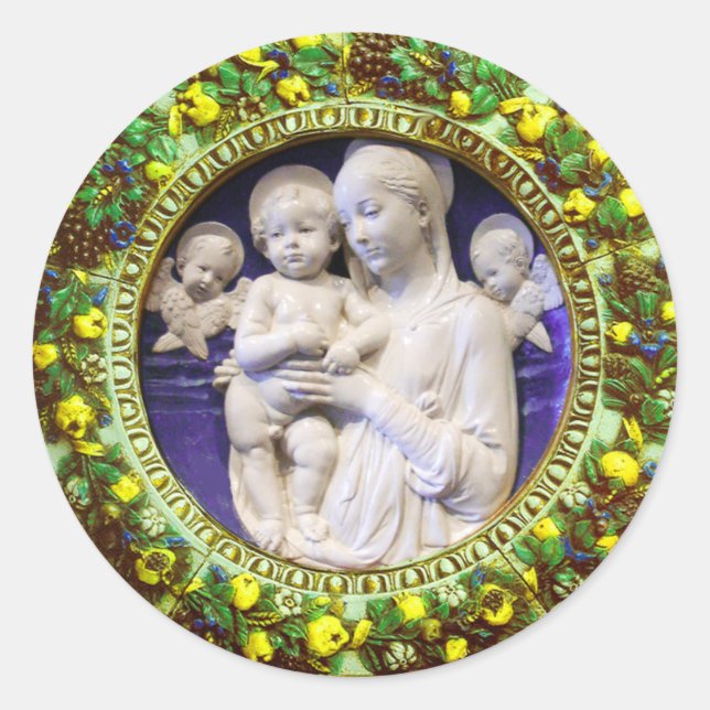 MADONNA WITH CHILD AND ANGELS  FLORAL CROWN CLASSIC ROUND STICKER (Front)
