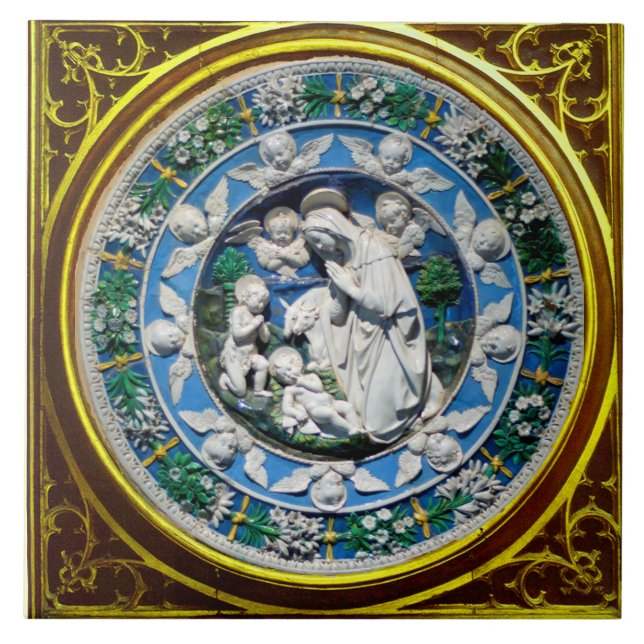 MADONNA WITH CHILD AND ANGELS FLORAL CROWN TILE (Front)