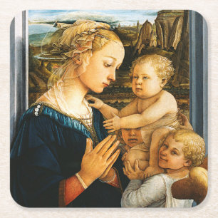 Madonna with child and two Angels, Filippo Lippi Square Paper Coaster