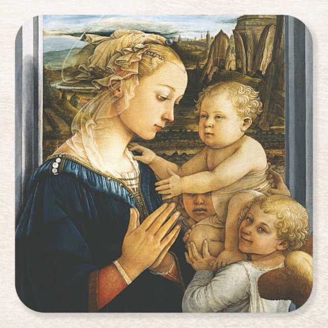 Madonna with child and two Angels, Filippo Lippi Square Paper Coaster (Front)