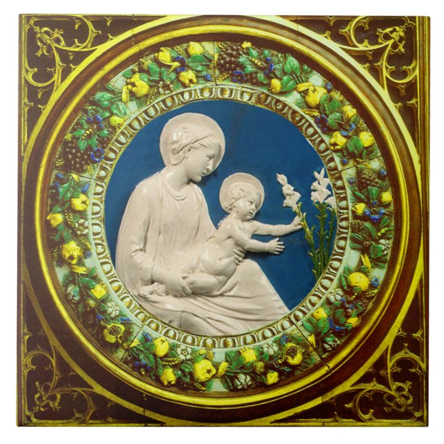 MADONNA WITH CHILD AND WHITE LILIES  FLORAL CROWN  TILE (Front)