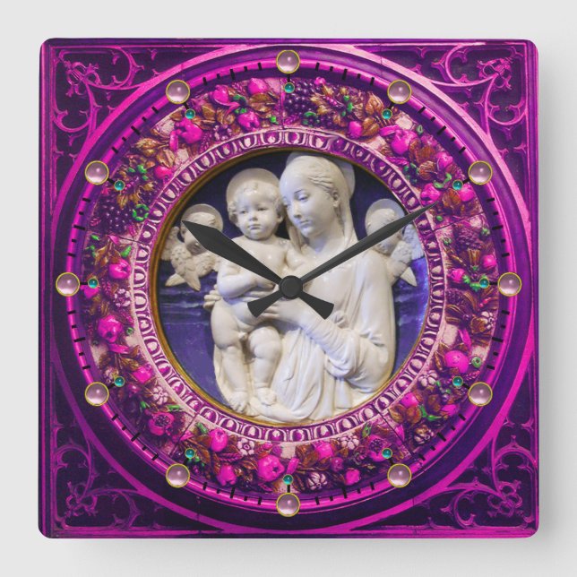 MADONNA WITH CHILD,ANGELS FLORAL RENAISSANCE CROWN SQUARE WALL CLOCK (Front)