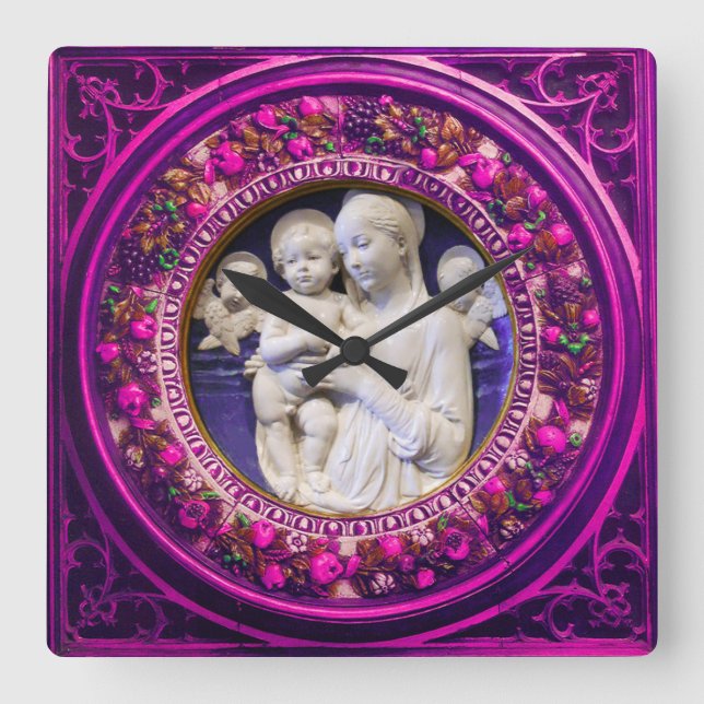 MADONNA WITH CHILD,ANGELS FLORAL RENAISSANCE CROWN SQUARE WALL CLOCK (Front)