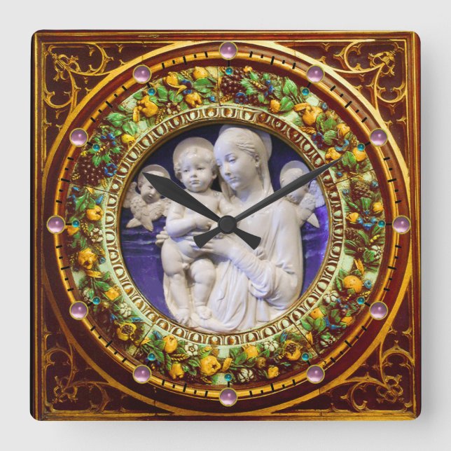 MADONNA WITH CHILD,ANGELS FLORAL RENAISSANCE CROWN SQUARE WALL CLOCK (Front)