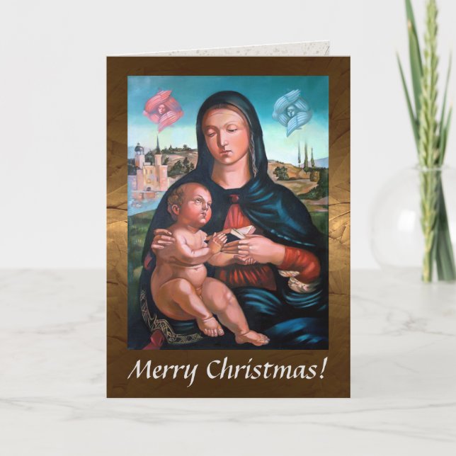 Madonna With Child, Book and Cherubs Holiday Card (Front)