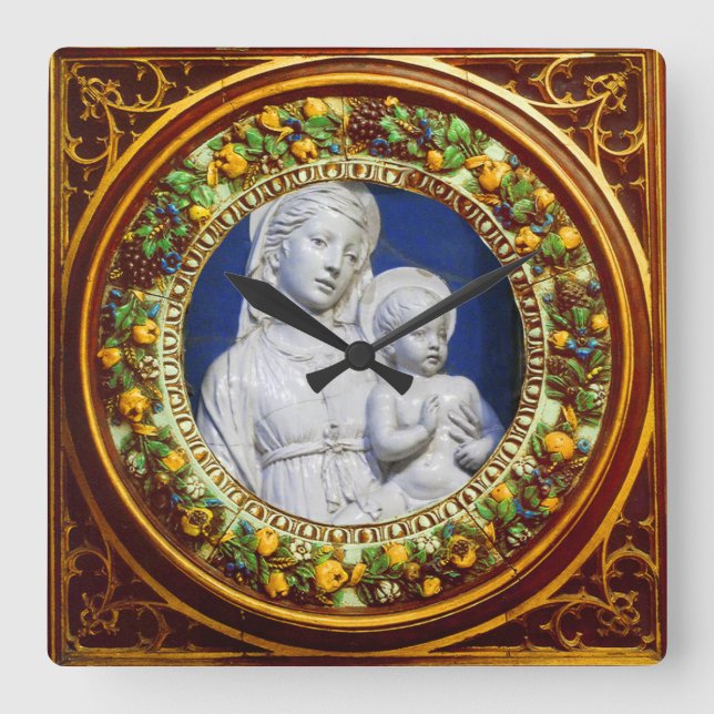 MADONNA WITH CHILD FLORAL RENAISSANCE CROWN SQUARE WALL CLOCK (Front)