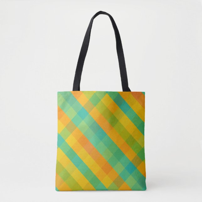 Madras Check Revival – Vibrant Diagonal Plaid Tote (Front)