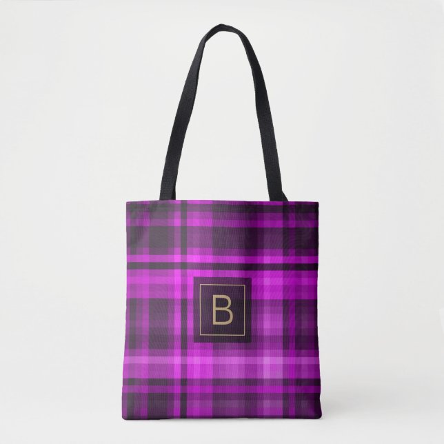 Madras Hot Pink Pattern Monogram Customised Tote Bag (Front)