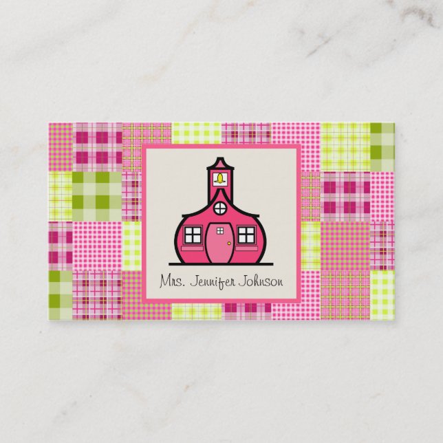 Madras Inspired Plaid / Pink Schoolhouse Teacher Business Card (Front)
