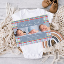 Madras Plaid Baby Birth Announcement