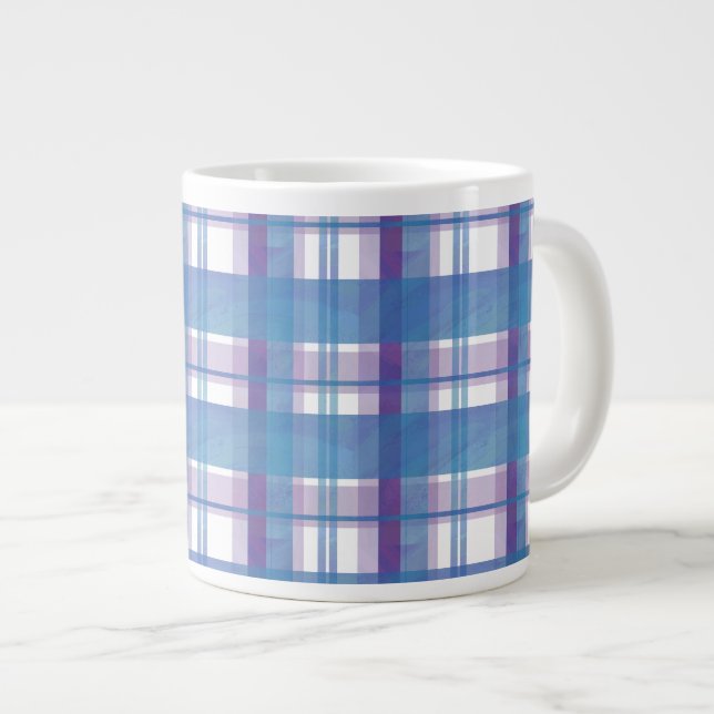 Madras Plaid Blue and Purple Large Coffee Mug (Front Right)