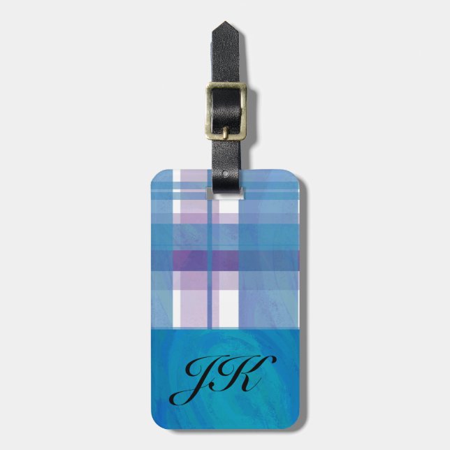 Madras Plaid Blue and Purple Luggage Tag (Front Vertical)