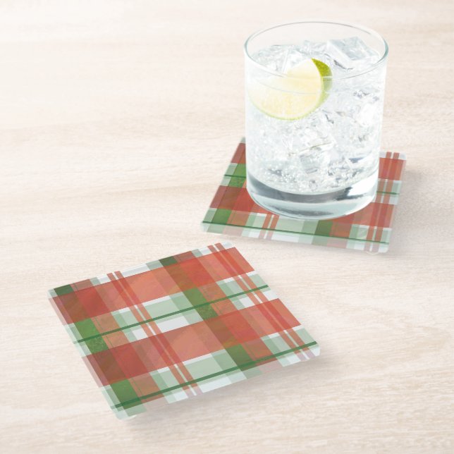 Madras Plaid Christmas Glass Coaster (Angled)