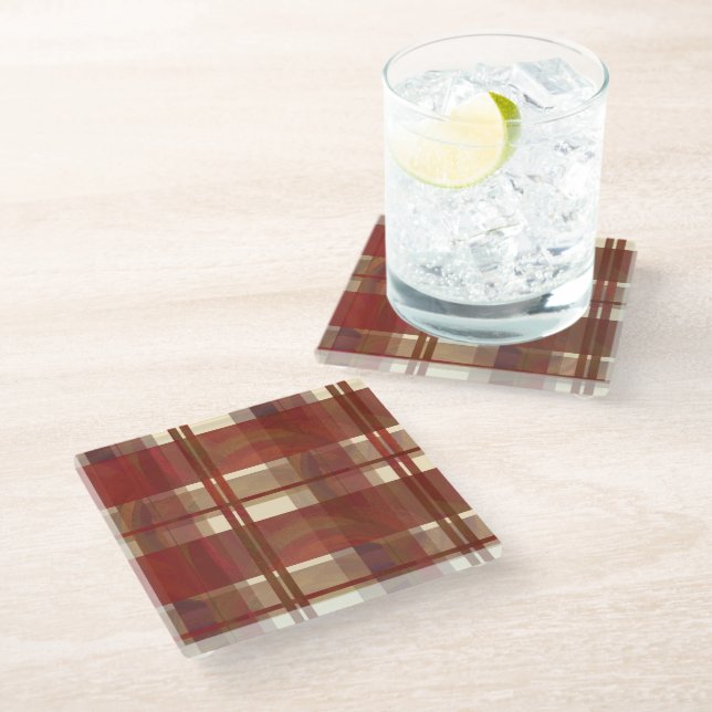 Madras Plaid Fall Red Glass Coaster (Angled)