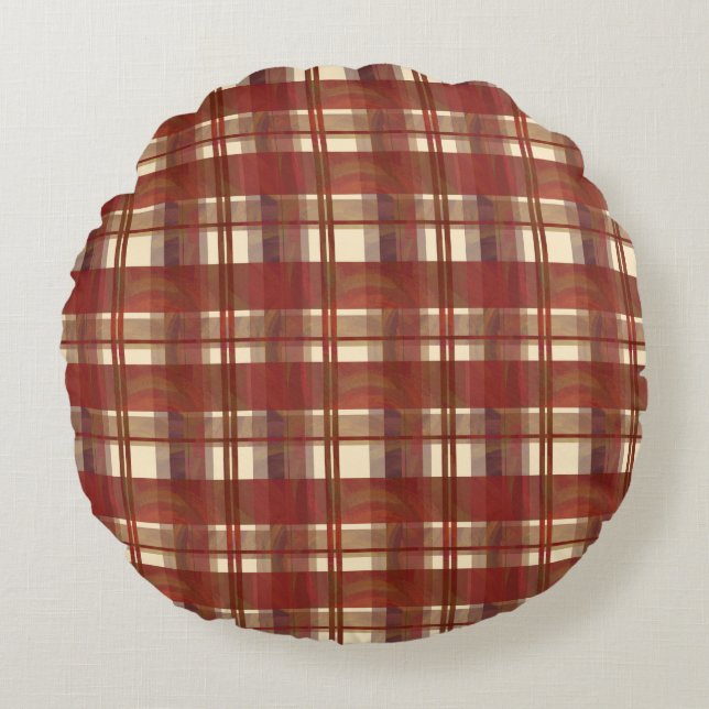 Madras Plaid Fall Red Round Cushion (Front)
