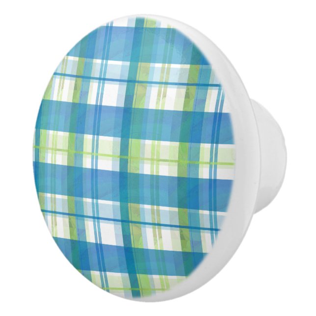 Madras Plaid Green and Blue Ceramic Knob (Right)