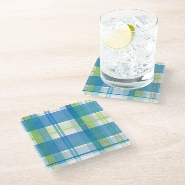 Madras Plaid Green and Blue Glass Coaster (Angled)