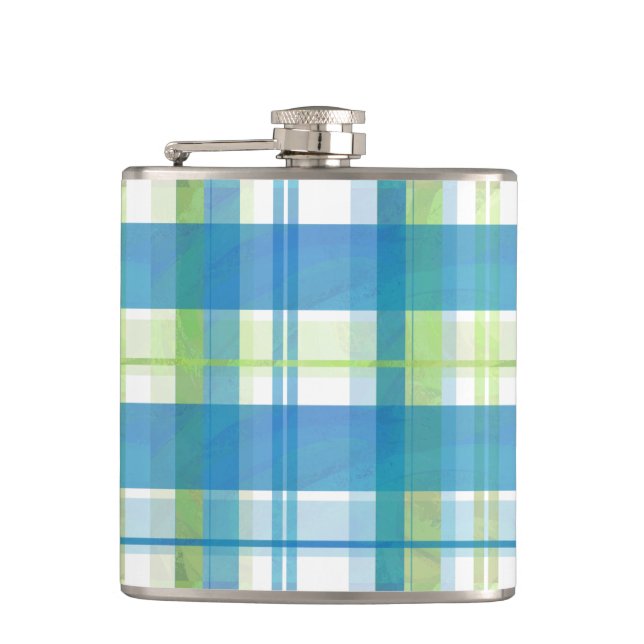 Madras Plaid Green and Blue Hip Flask (Front)