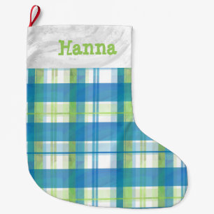 Madras Plaid Green and Blue Large Christmas Stocking