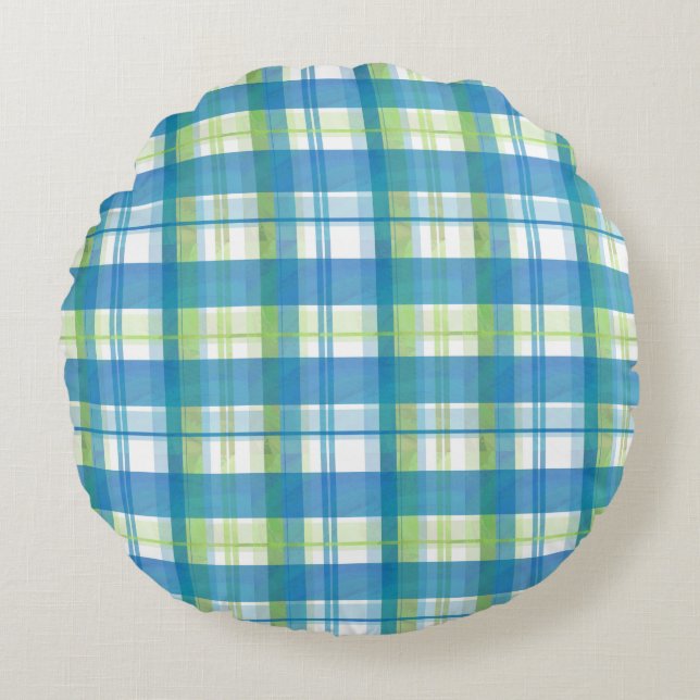 Madras Plaid Green and Blue Round Cushion (Front)
