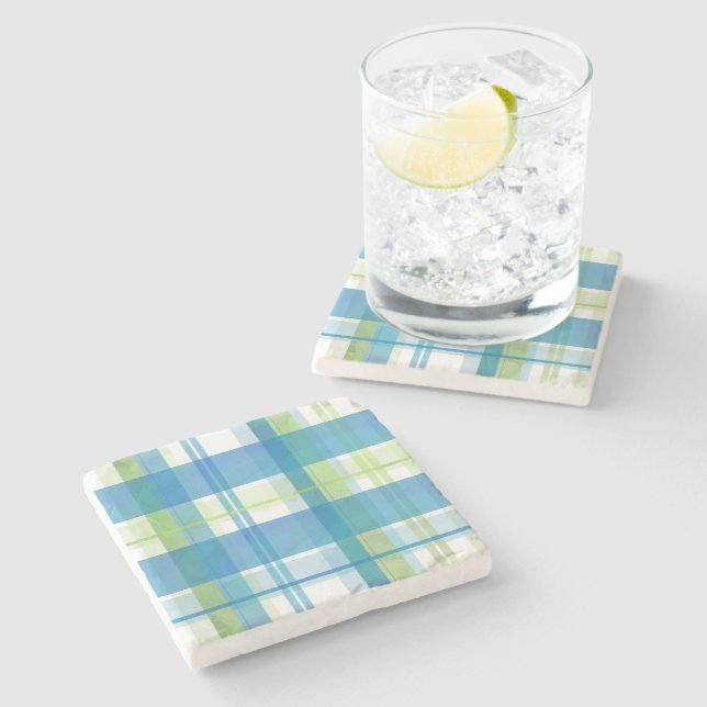 Madras Plaid Green and Blue Stone Coaster (Side)