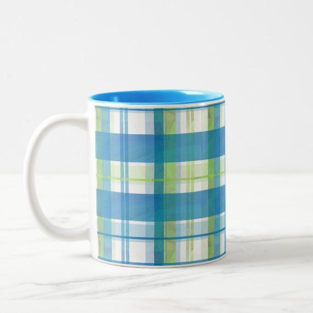 Madras Plaid Green and Blue Two-Tone Coffee Mug (Left)