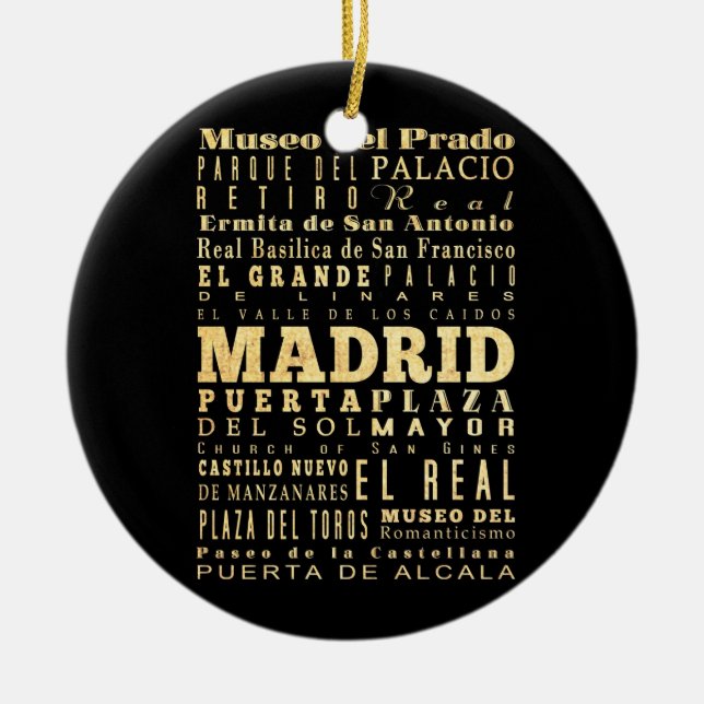 Madrid City of Spain Typography Art Ceramic Tree Decoration (Front)