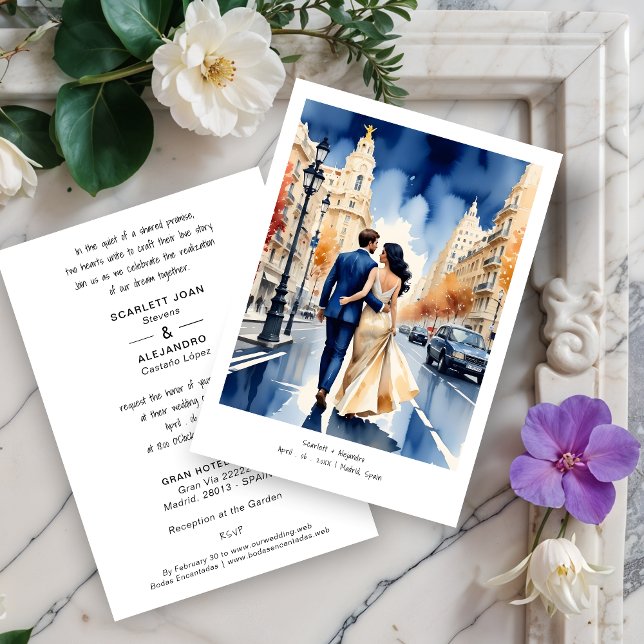 Madrid Gran Vía Colorful Cityscape Wedding Couple Invitation (Madrid Gran Vía Colorful Cityscape Wedding Couple Illustration Invitations Cards.)