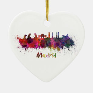 Madrid skyline in watercolor ceramic tree decoration