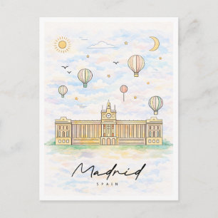 Madrid Skyline Watercolor   Spain Travel Holiday Postcard
