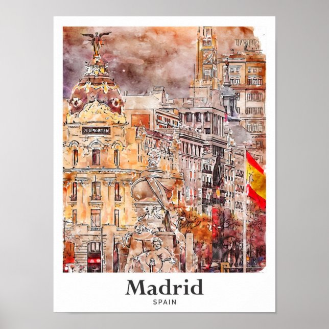 Madrid Spain Art Travel Watercolor Hand Drawn Poster (Front)