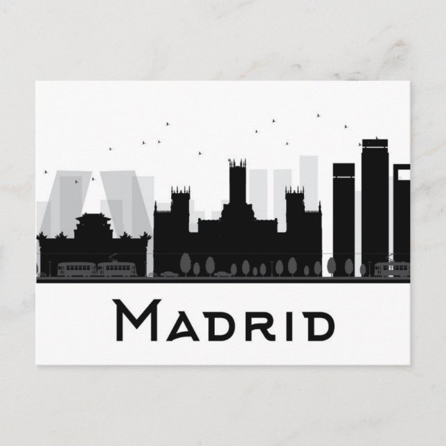 Madrid, Spain | Black & White City Skyline Postcard (Front)