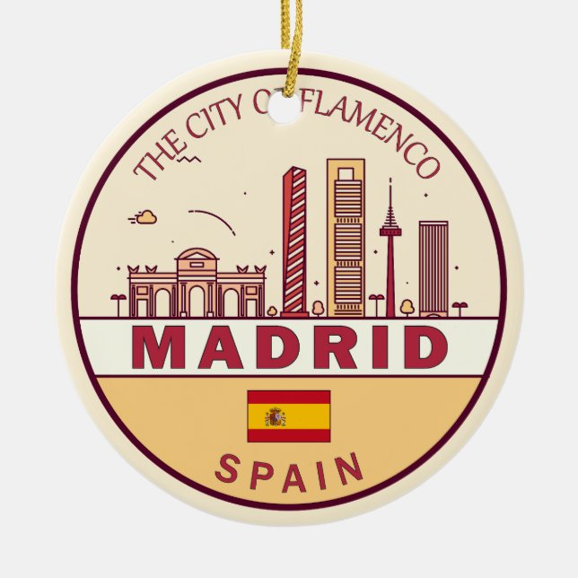 Madrid Spain City Skyline Emblem Ceramic Tree Decoration (Front)