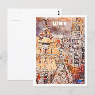 Madrid Spain Famous Travel Place Watercolor Sketch Postcard