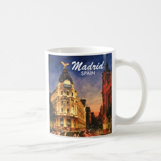 Madrid Spain Gran Via Night Watercolor Cityscape Coffee Mug (Right)