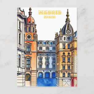 Madrid Spain Silhouette  Watercolor Painting Postcard