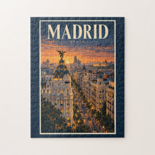 Madrid Spain Sunset Illustration Travel Art Retro Jigsaw Puzzle