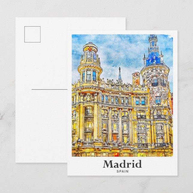 Madrid Spain Travel Watercolor Hand Drawn Postcard (Front/Back)